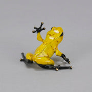 Chai - A vibrant limited edition bronze sculpture by Tim Cotterill of a yellow frog with its head raised, reaching out with its front leg, exhibiting very fine bright enamel colours and excellent tactile surface