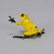 Chai - A vibrant limited edition bronze sculpture by Tim Cotterill of a yellow frog with its head raised, reaching out with its front leg, exhibiting very fine bright enamel colours and excellent tactile surface
