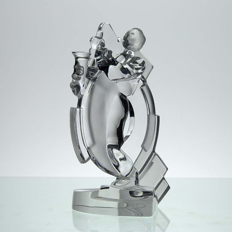 Sèvres Jazz Musician with Saxophone a very fine mid 20th Century clear and frosted glass figurative study trophy in the form of a jazz musician playing a saxophone