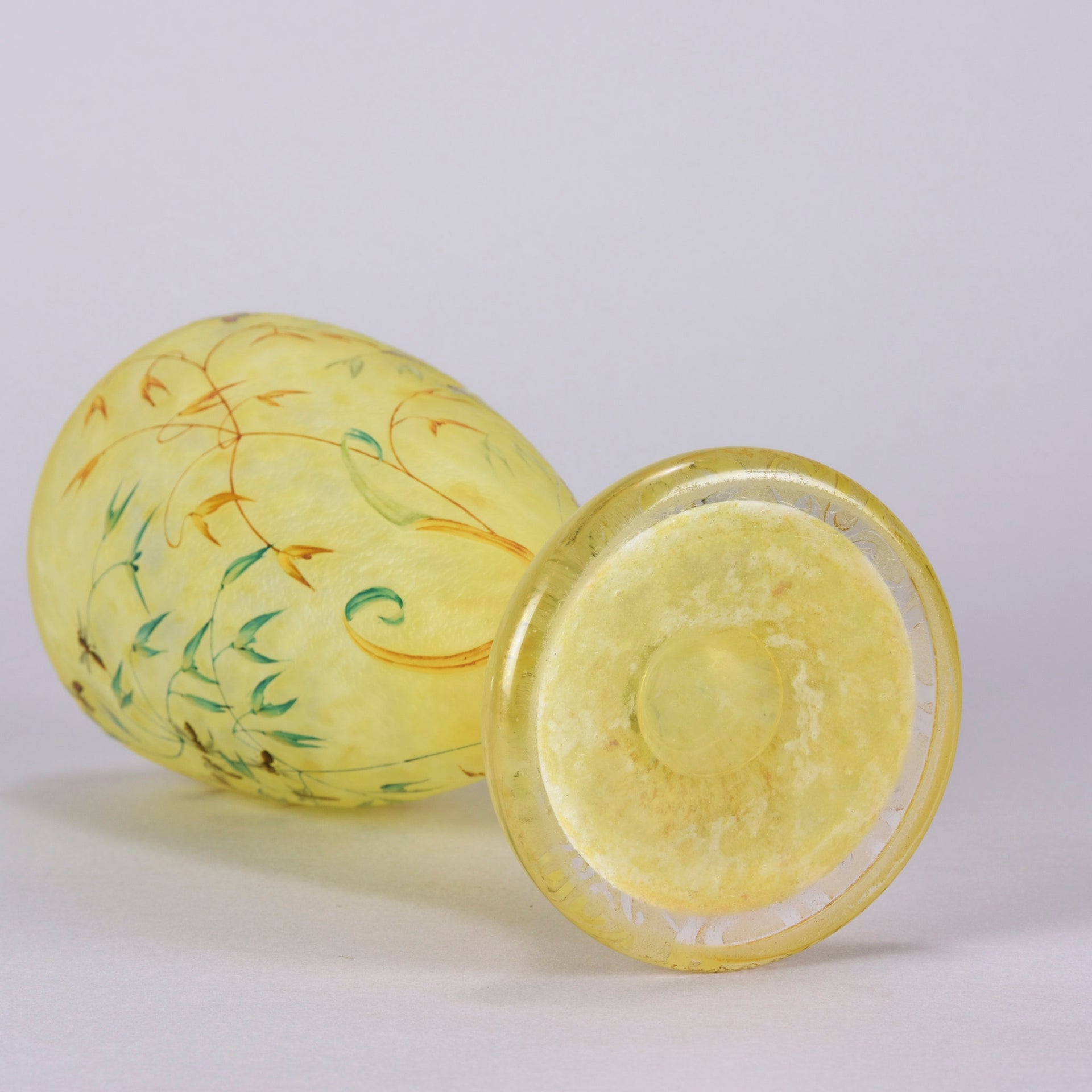 Bees and Flowers Vase by Daum Frères a late 19th Century French cameo glass vase etched and enamelled with a hive of bees pollinating flowers against a pale yellow field