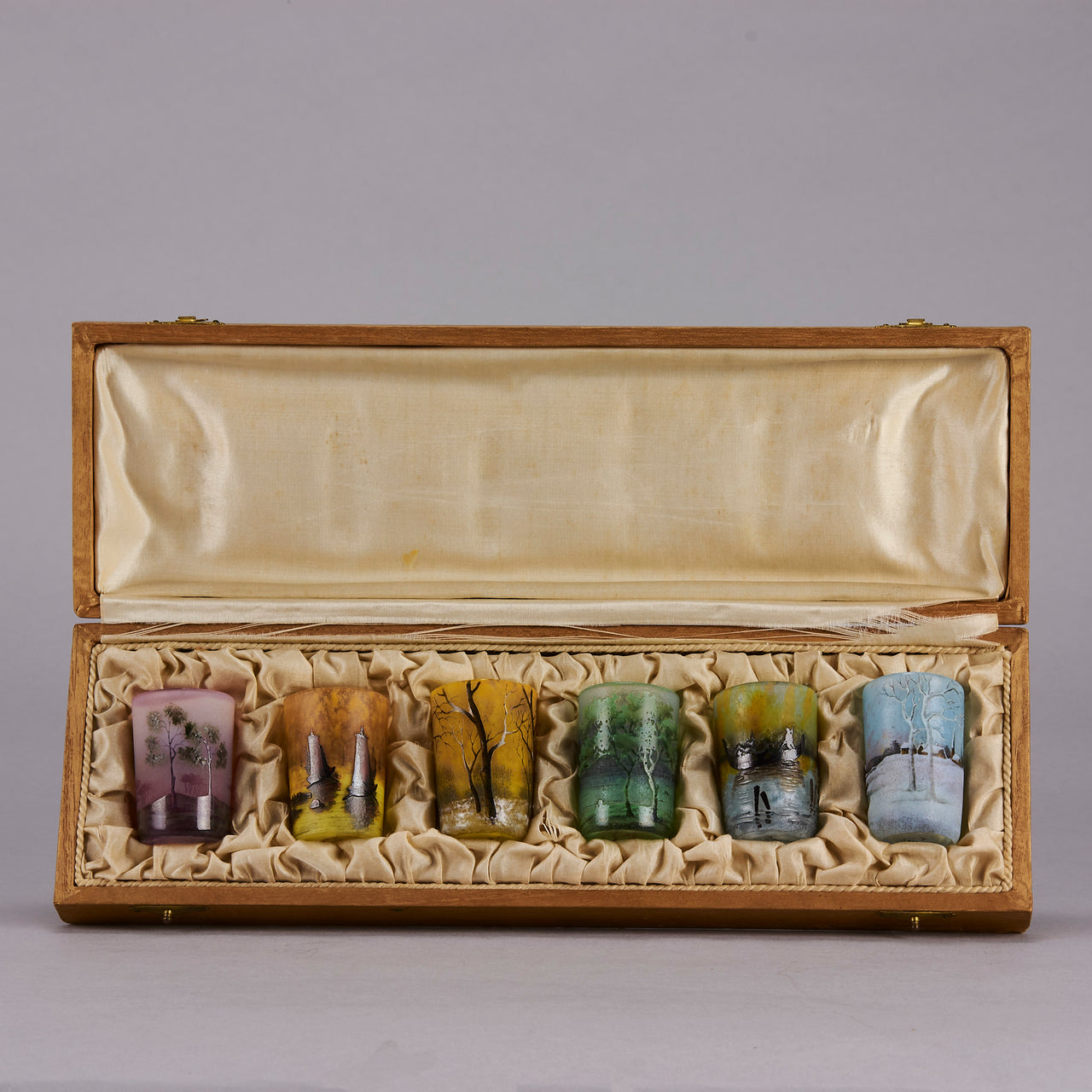 Daum Miniature - Boxed Set Of 6 Landscape Vases - Art Nouveau Glass - Hickmet Fine Arts