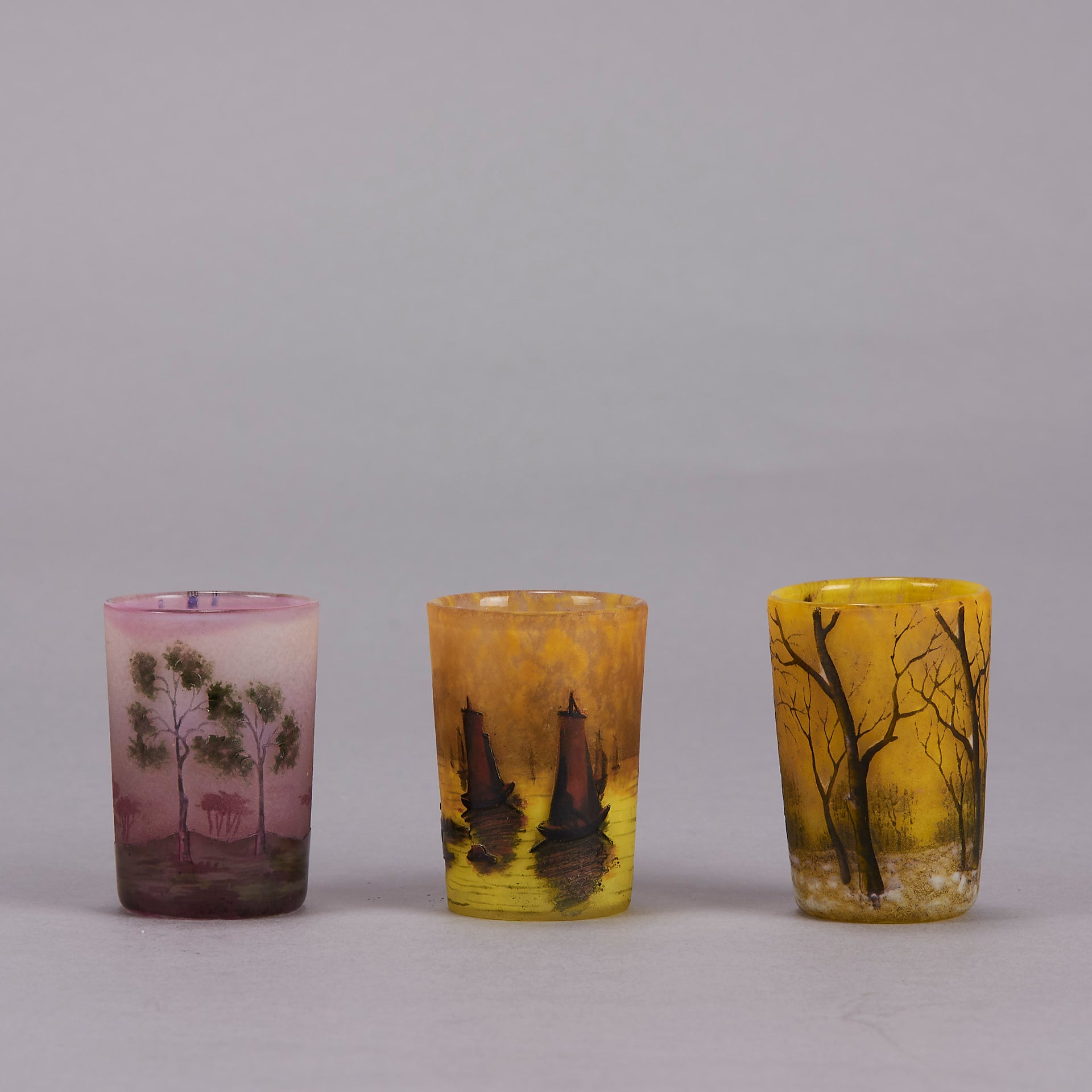 Daum Miniature - Boxed Set Of 6 Landscape Vases - Art Nouveau Glass - Hickmet Fine Arts