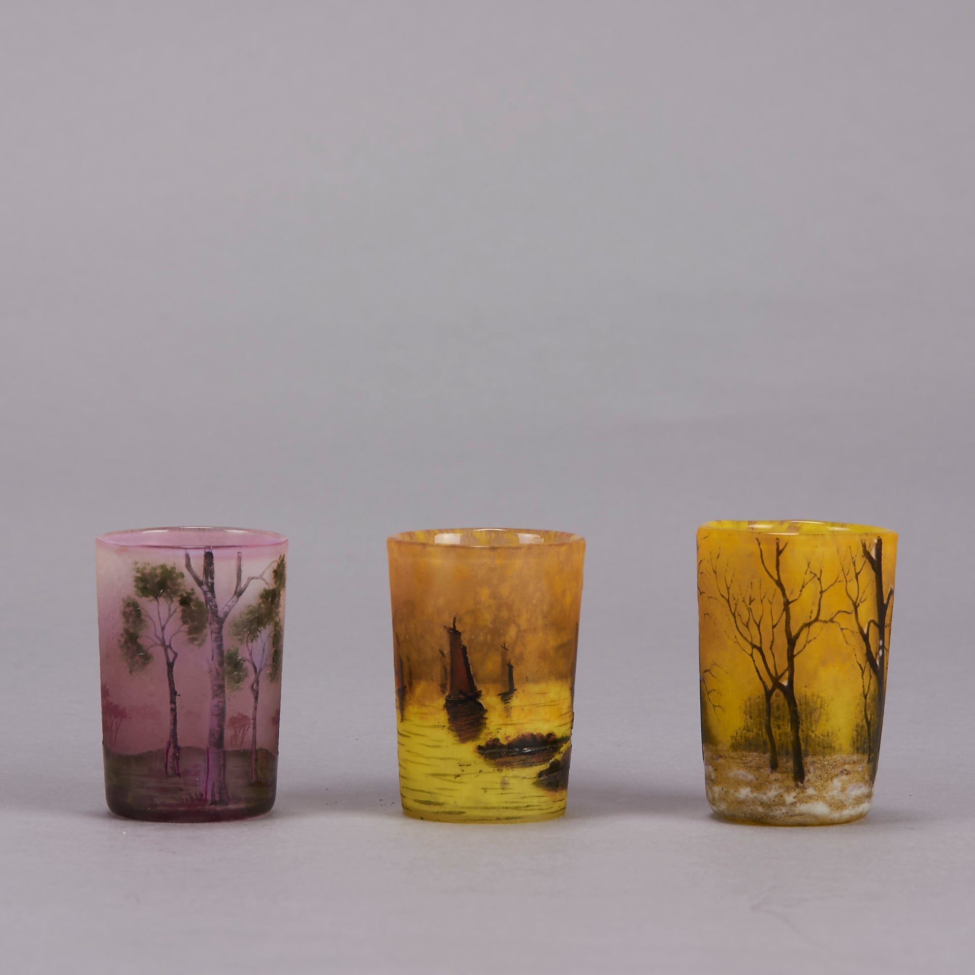 Daum Miniature - Boxed Set Of 6 Landscape Vases - Art Nouveau Glass - Hickmet Fine Arts