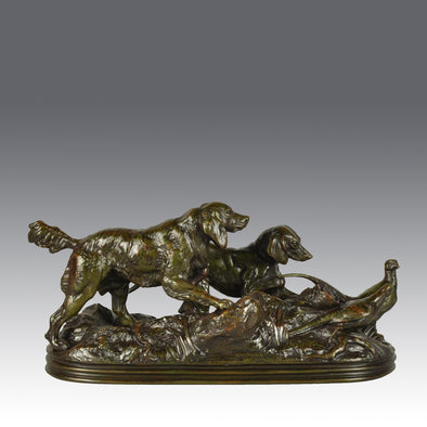 Deux Chiens en Arret by Antoine Louis Barye - Antique Bronze group of pointer and setter - Hickmet Fine Arts