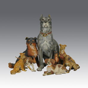 Group of 8 seated dogs of various breeds in cold painted bronze by Franz Bergman with excellent naturalistic colour and fine hand chased surface detail