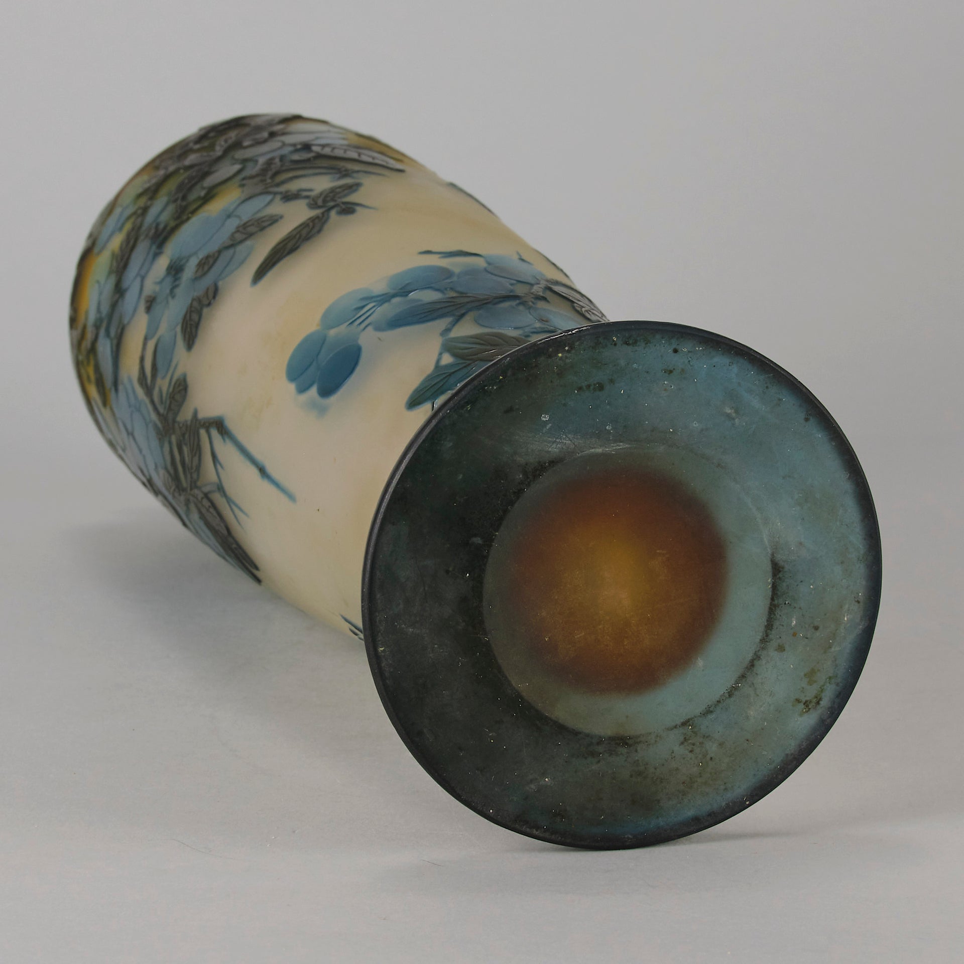 Art Nouveau Glass Vase Fruiting Sloe Berries by Emile Gallé An early 20th Century cameo glass vase acid cut and etched with a fruiting tree branch blooming with electric blue sloe berries against a pale cream/yellow background