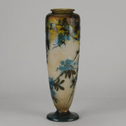 Art Nouveau Glass Vase Fruiting Sloe Berries by Emile Gallé An early 20th Century cameo glass vase acid cut and etched with a fruiting tree branch blooming with electric blue sloe berries against a pale cream/yellow background