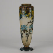 Art Nouveau Glass Vase Fruiting Sloe Berries by Emile Gallé An early 20th Century cameo glass vase acid cut and etched with a fruiting tree branch blooming with electric blue sloe berries against a pale cream/yellow background