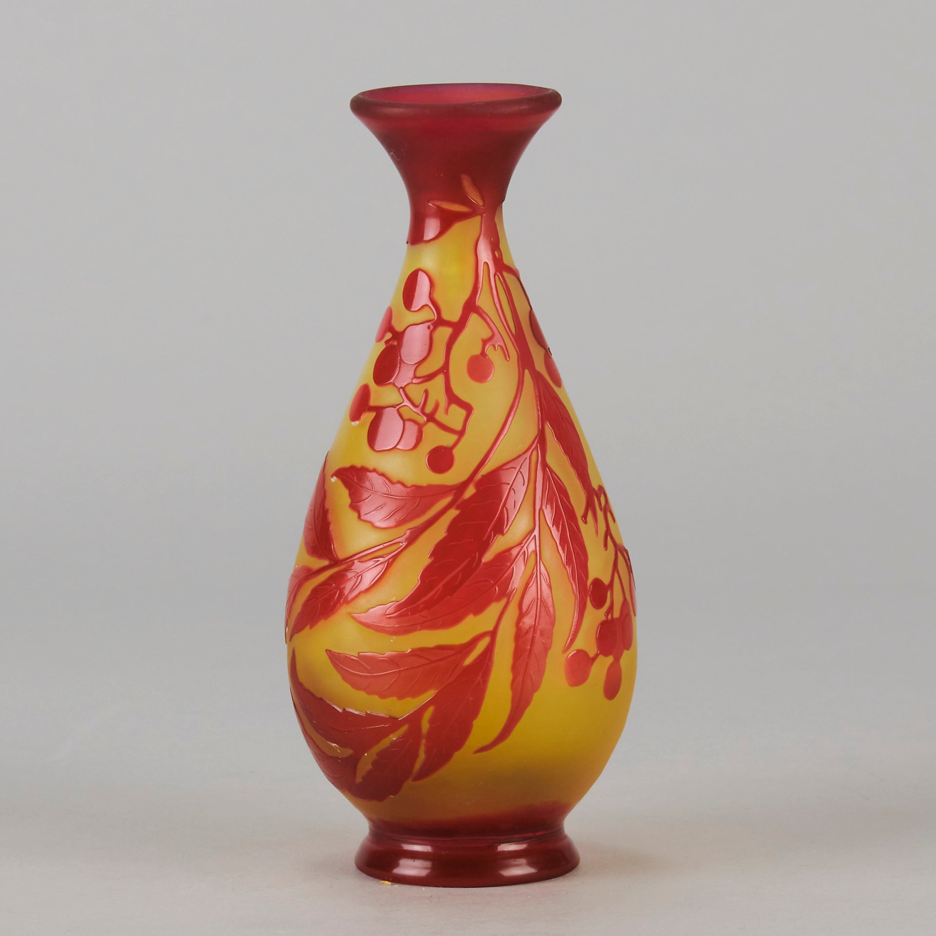 Art Nouveau Glass Vase Red Floral Cabinet Vase by Émile Gallé A beautiful early 20th Century cameo glass vase acid cut and etched with a bright red floral decoration against a warm orange background