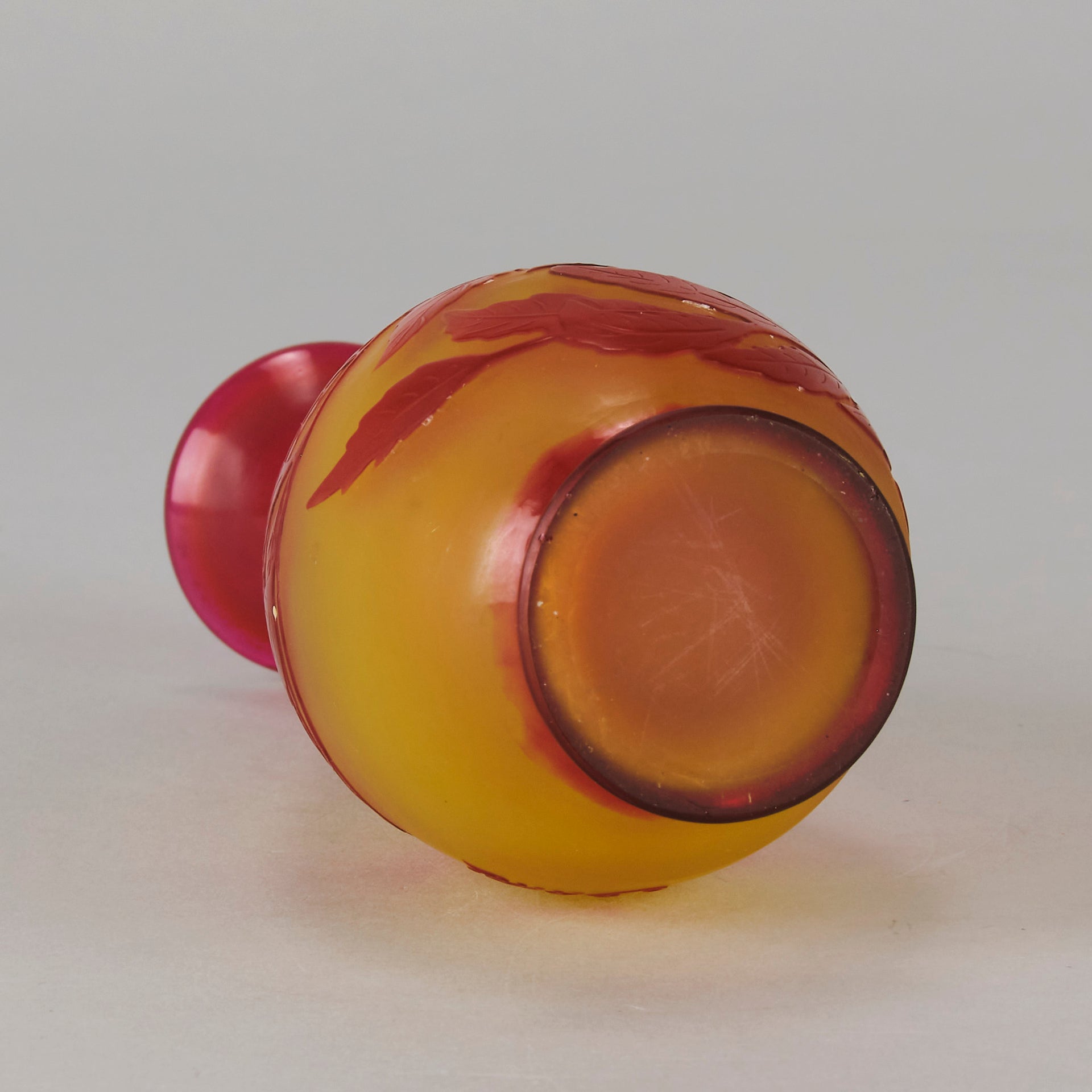 Art Nouveau Glass Vase Red Floral Cabinet Vase by Émile Gallé A beautiful early 20th Century cameo glass vase acid cut and etched with a bright red floral decoration against a warm orange background