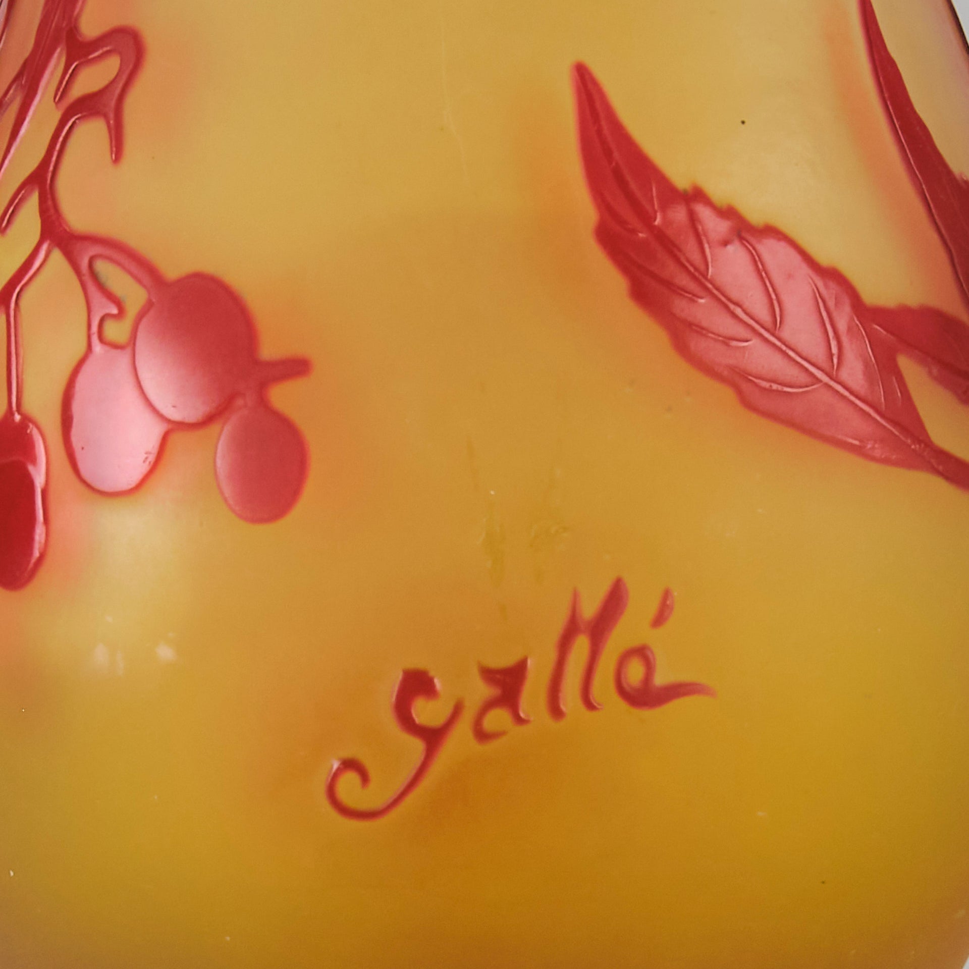 Art Nouveau Glass Vase Red Floral Cabinet Vase by Émile Gallé A beautiful early 20th Century cameo glass vase acid cut and etched with a bright red floral decoration against a warm orange background