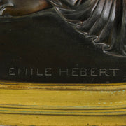 Thetis by Emile Hébert - a French late 19th Century bronze, of a striking female warrior figure known as Thetis the Greek Goddess of War. She is adjusting her shin guards in preparation for her next opponent, whilst sitting on an anvil. Raised on top of a partly gilded base