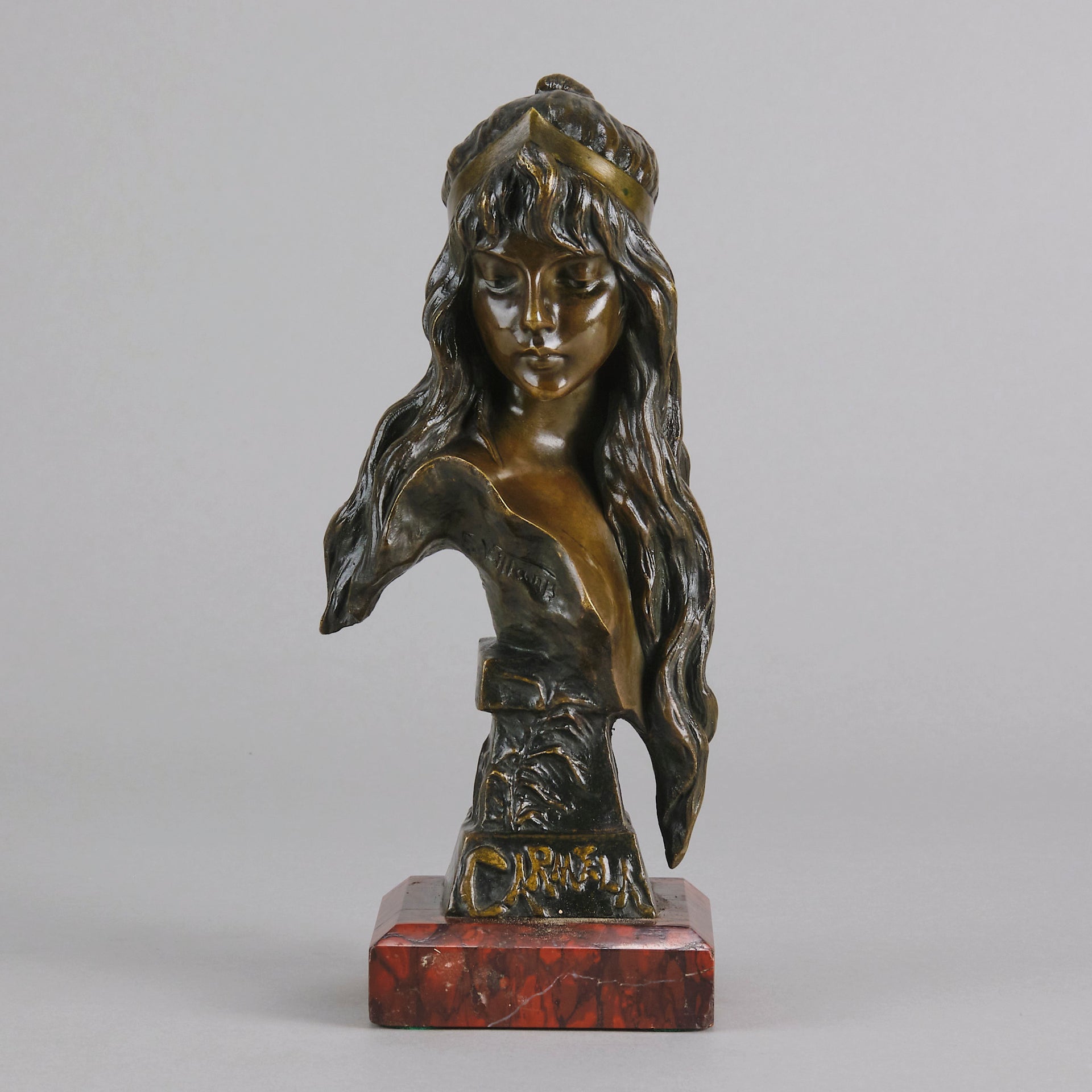Carmella by Emmanuel Villanis a delightful Art Nouveau Bronze bust of an elegant beauty with rich brown patina and fine hand finished detail