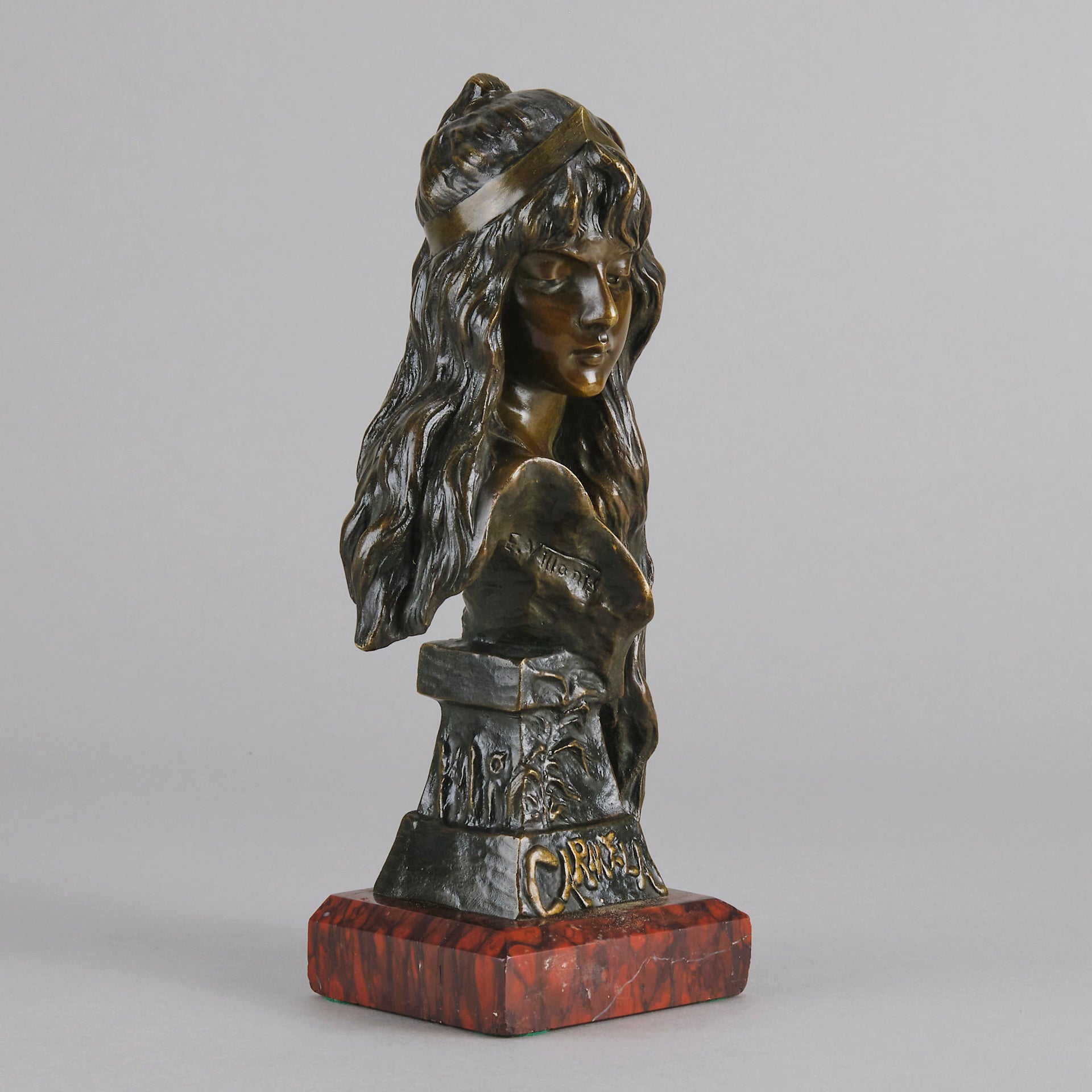 Carmella by Emmanuel Villanis a delightful Art Nouveau Bronze bust of an elegant beauty with rich brown patina and fine hand finished detail