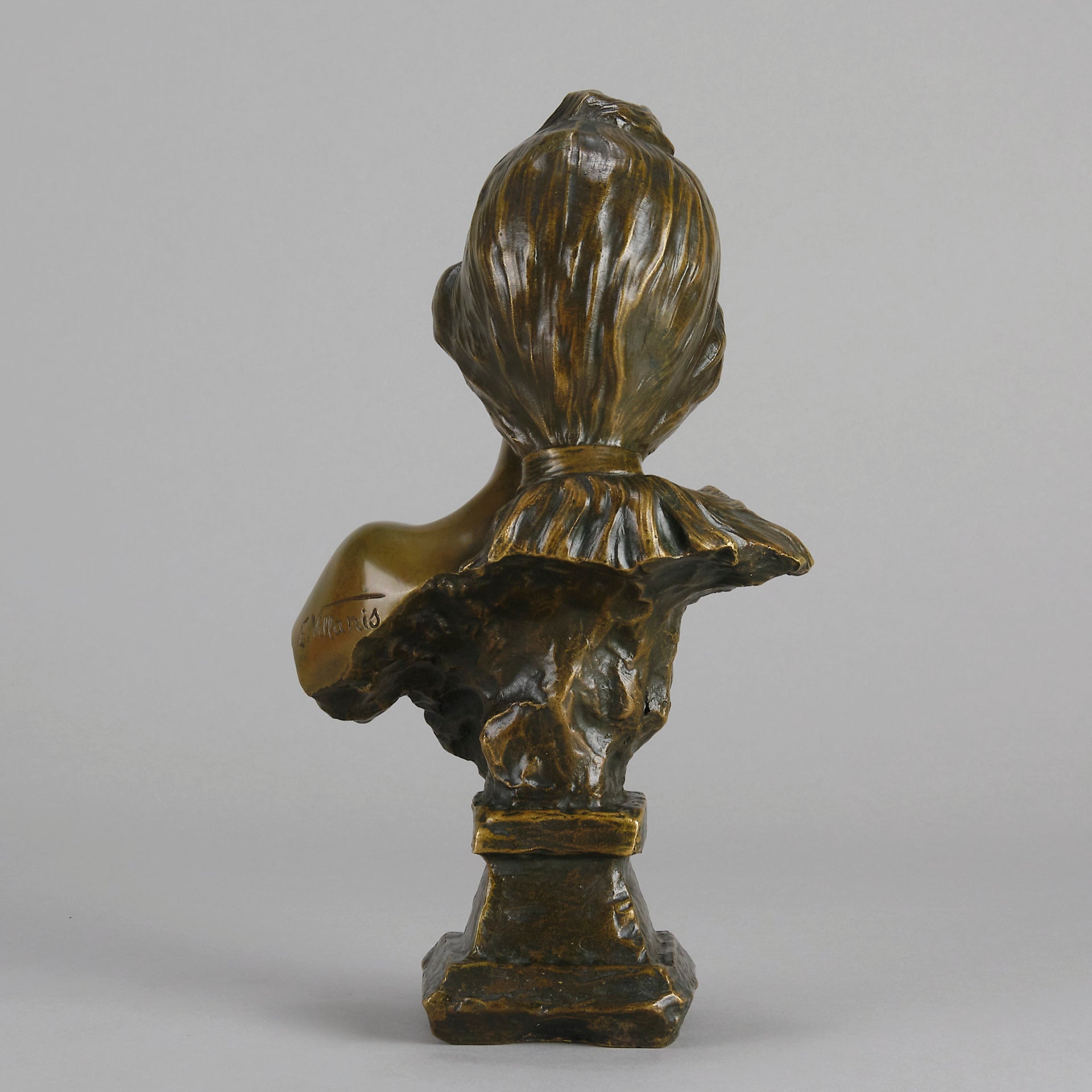 Silvia by Emmanuel Villanis a very fine late 19th Century French bronze bust of an attractive classical maiden modelled in the Art Nouveau style, with fabulous multi hued patination of brown and a subtle green