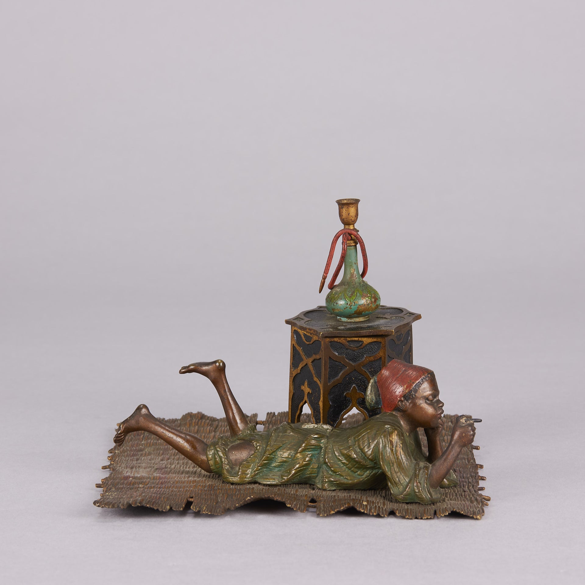 Bergman Bronze - Antique Bronze - Boy on Rug Inkwell - bergman cold painted bronze - Hickmet Fine Arts