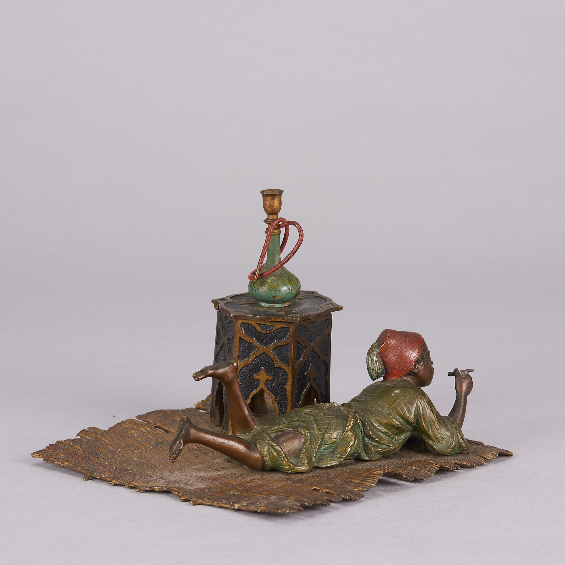 Bergman Bronze - Antique Bronze - Boy on Rug Inkwell - bergman cold painted bronze - Hickmet Fine Arts