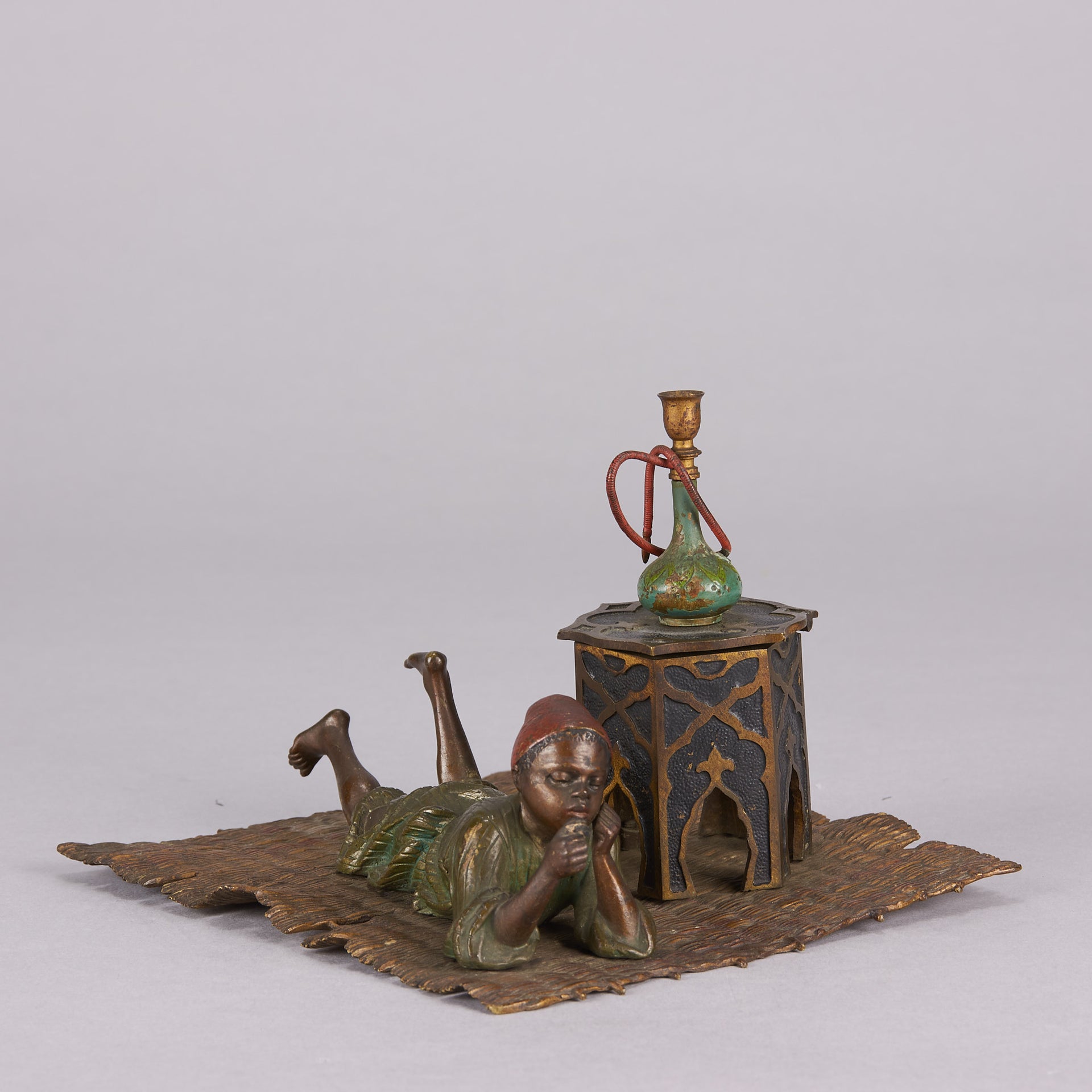Bergman Bronze - Antique Bronze - Boy on Rug Inkwell - bergman cold painted bronze - Hickmet Fine Arts
