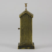 Bathing Belle by Franz Bergman an amusingly erotic early 20th Century Austrian bronze figure of a young beauty in a seaside hut peeking out between the curtains. The mechanism pushes down to turn the front curtain around revealing 'what the butler saw' as her naked body is revealed from behind