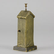 Bathing Belle by Franz Bergman an amusingly erotic early 20th Century Austrian bronze figure of a young beauty in a seaside hut peeking out between the curtains. The mechanism pushes down to turn the front curtain around revealing 'what the butler saw' as her naked body is revealed from behind