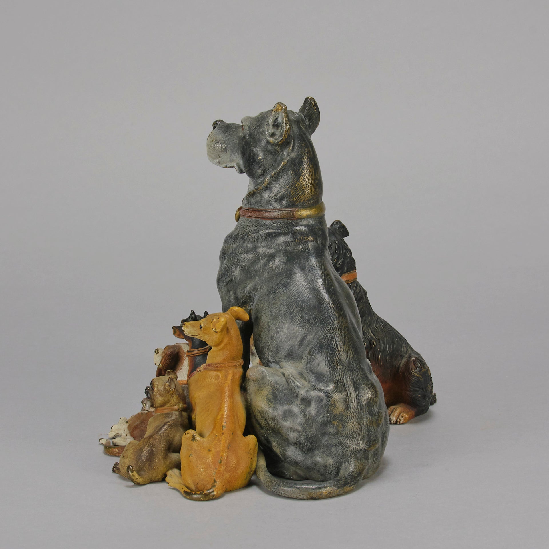 Group of 8 seated dogs of various breeds in cold painted bronze by Franz Bergman with excellent naturalistic colour and fine hand chased surface detail