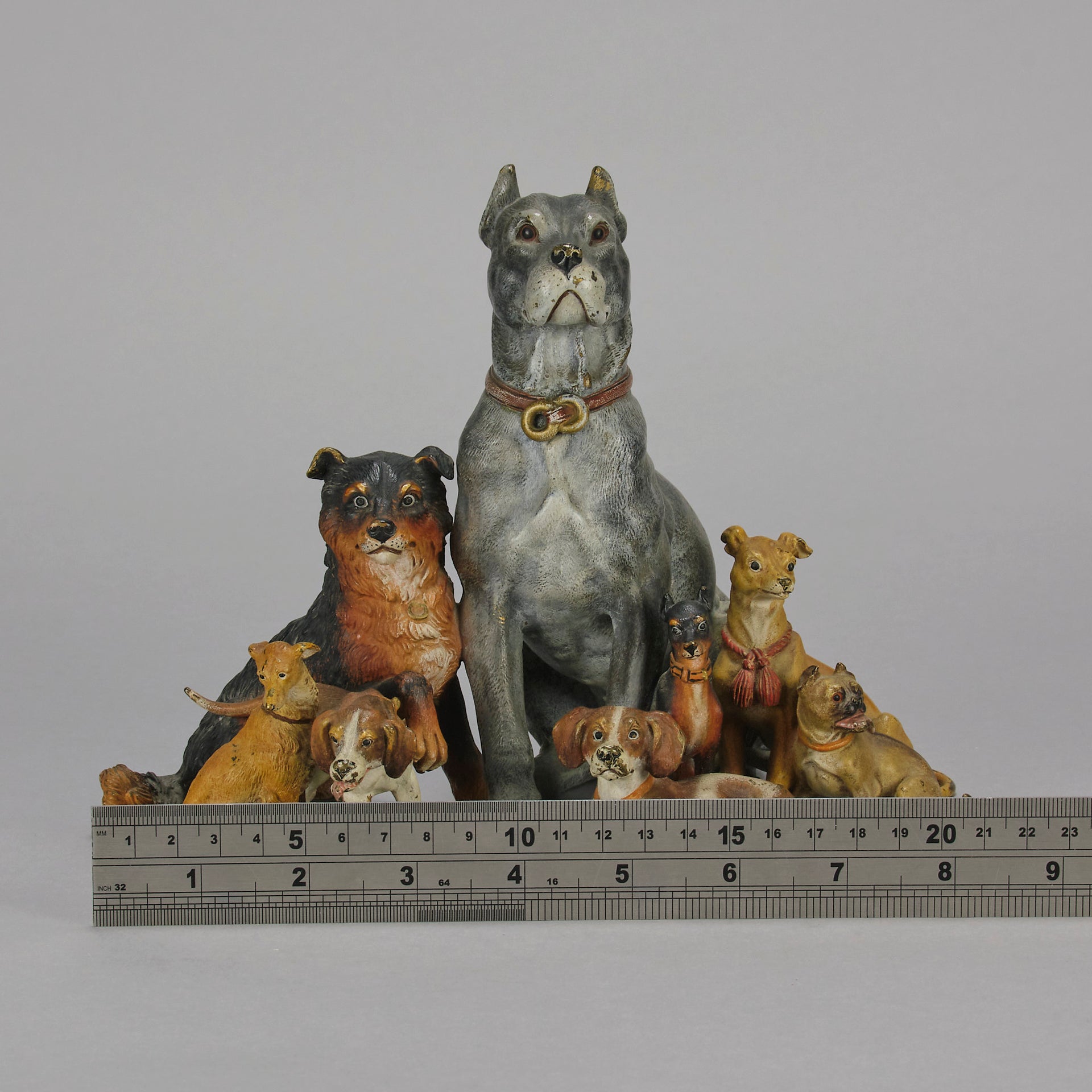 Group of 8 seated dogs of various breeds in cold painted bronze by Franz Bergman with excellent naturalistic colour and fine hand chased surface detail