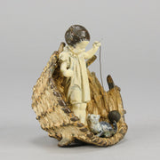 Girl & Cat with Basket - Bergman Bronze - A charming early 20th Century Austrian bronze group study of a young child and cat standing in a wicker basket playing with a ball of string - Hickmet Fine Arts