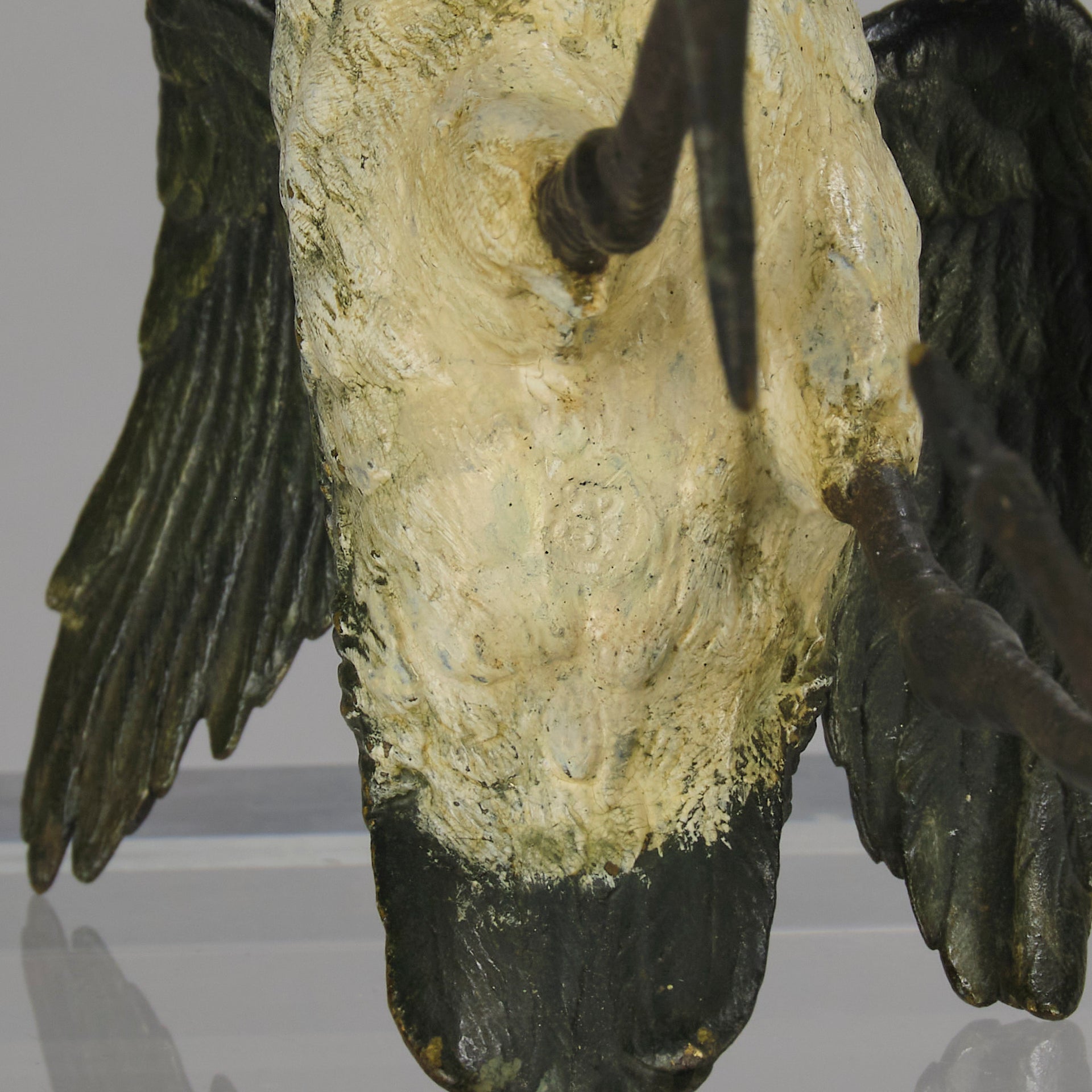 A Standing Stork with Fish Antique Bronze Statue by Franz Bergman exhibiting very fine cold painted colours and good hand finished surface detail