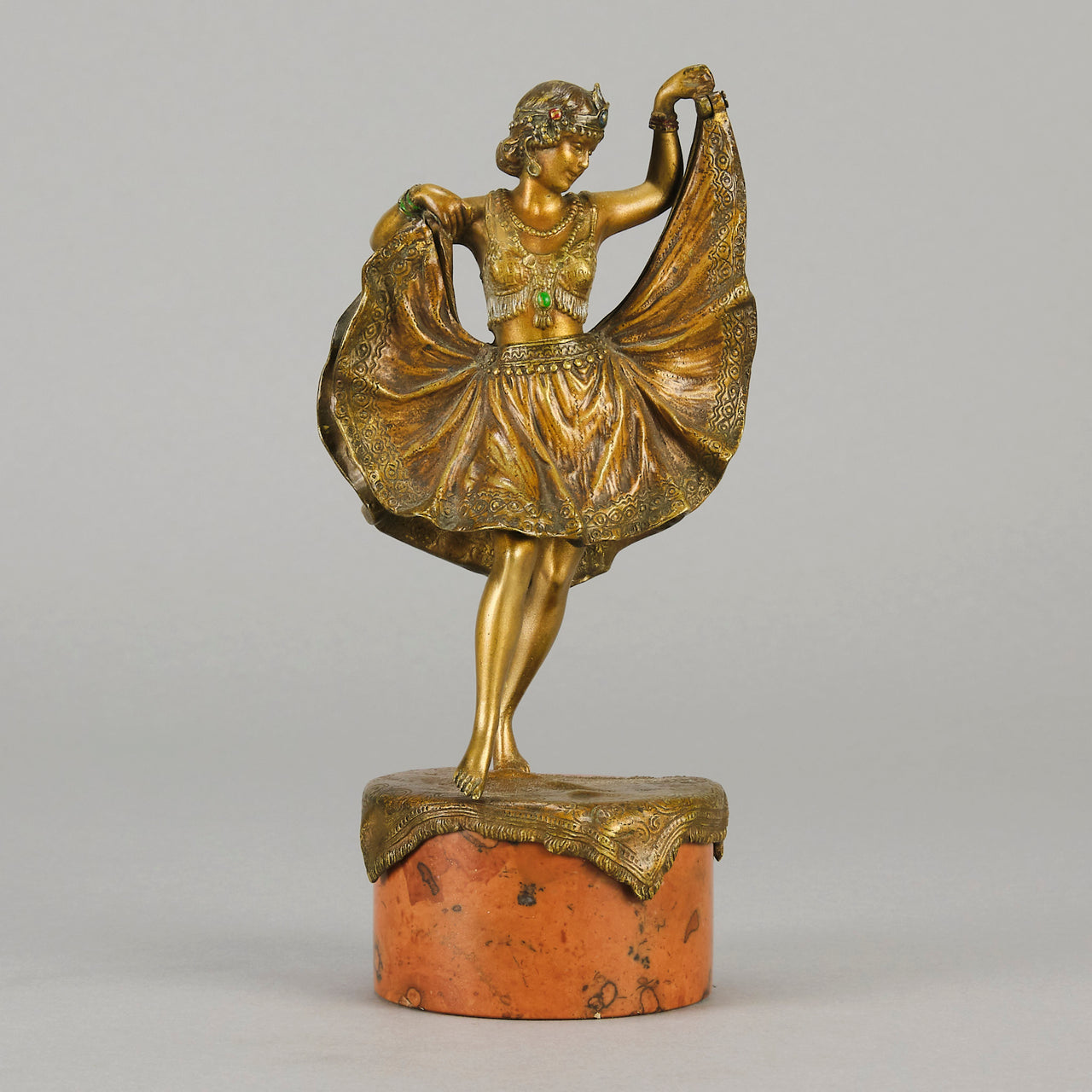 Windy Day by Franz Bergman a sensuous early 20th century erotic Austrian bronze figurine of a young dancer with fine cold painted colour and good detail, the skirt hinged to lift and reveal her naked body