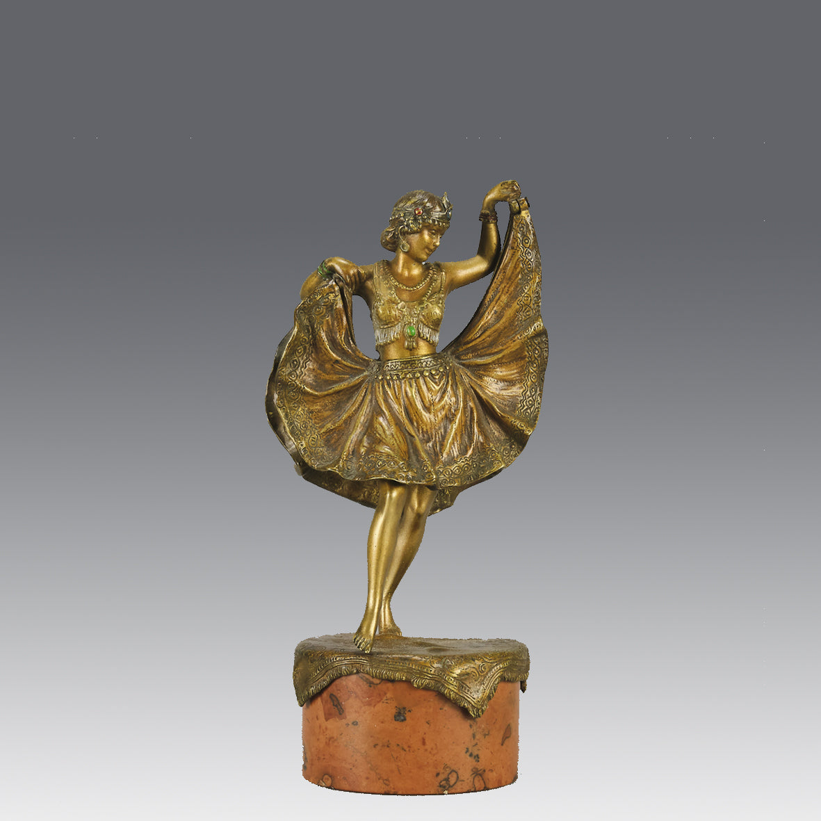 Windy Day by Franz Bergman a sensuous early 20th century erotic Austrian bronze figurine of a young dancer with fine cold painted colour and good detail, the skirt hinged to lift and reveal her naked body