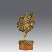 Windy Day by Franz Bergman a sensuous early 20th century erotic Austrian bronze figurine of a young dancer with fine cold painted colour and good detail, the skirt hinged to lift and reveal her naked body