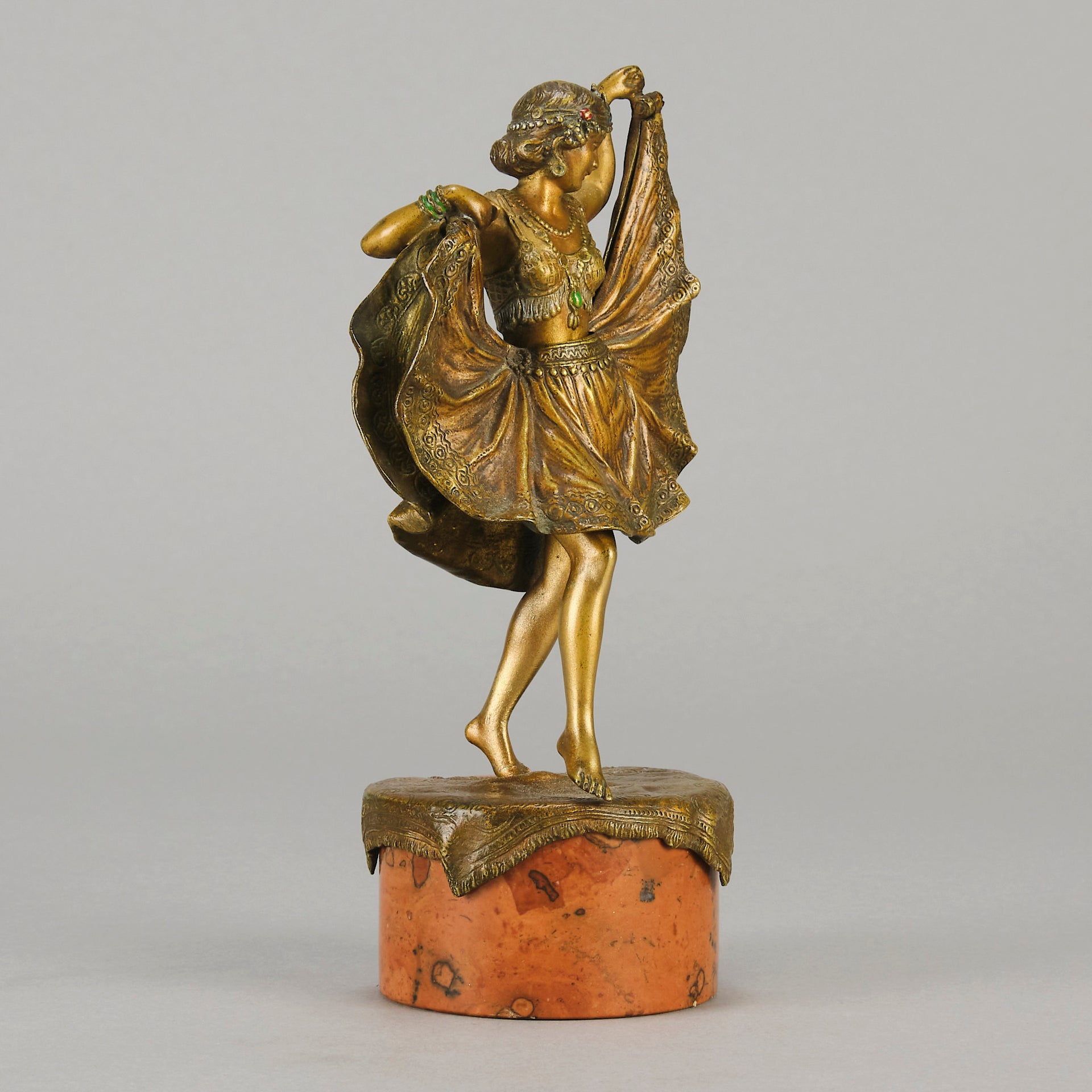 Windy Day by Franz Bergman a sensuous early 20th century erotic Austrian bronze figurine of a young dancer with fine cold painted colour and good detail, the skirt hinged to lift and reveal her naked body