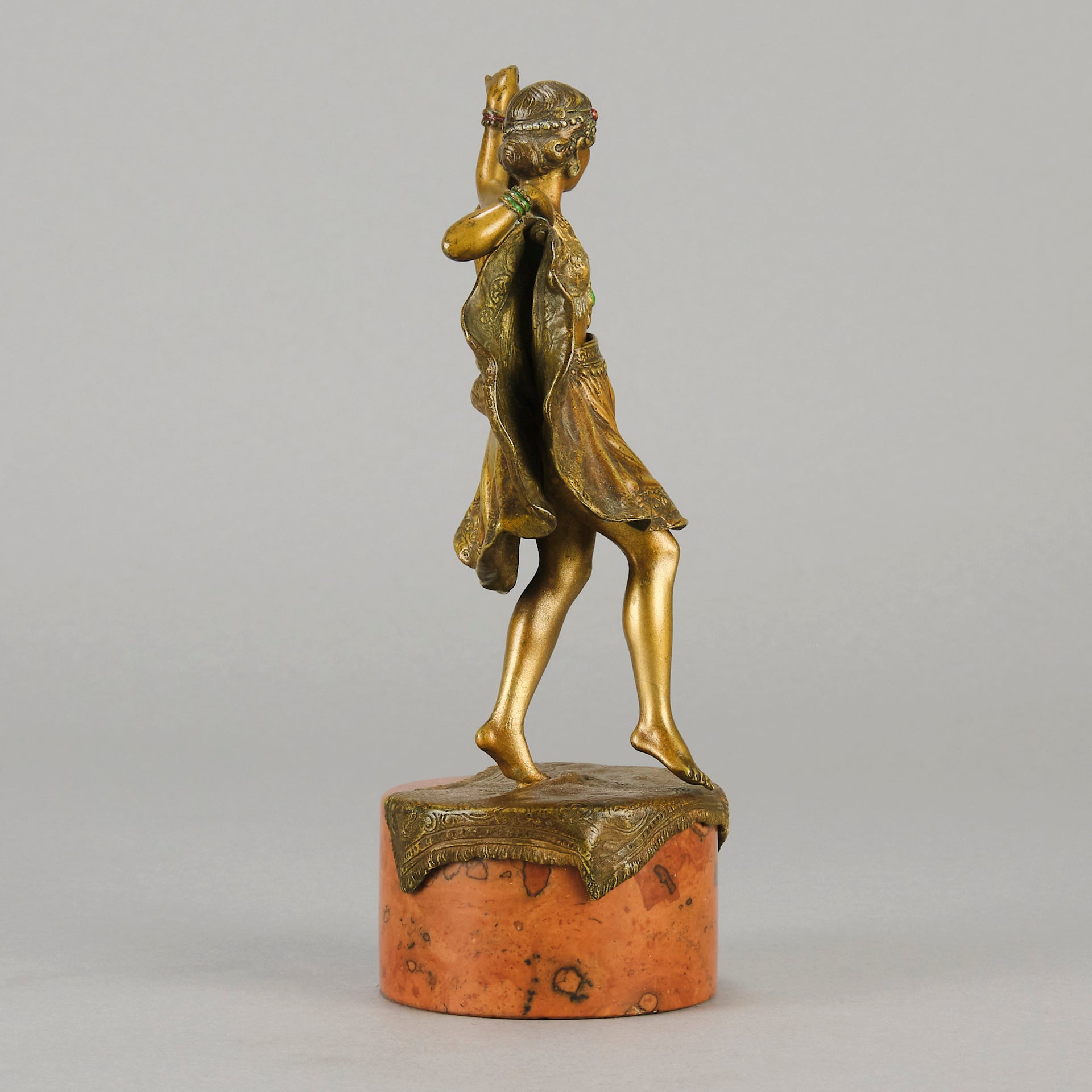 Windy Day by Franz Bergman a sensuous early 20th century erotic Austrian bronze figurine of a young dancer with fine cold painted colour and good detail, the skirt hinged to lift and reveal her naked body