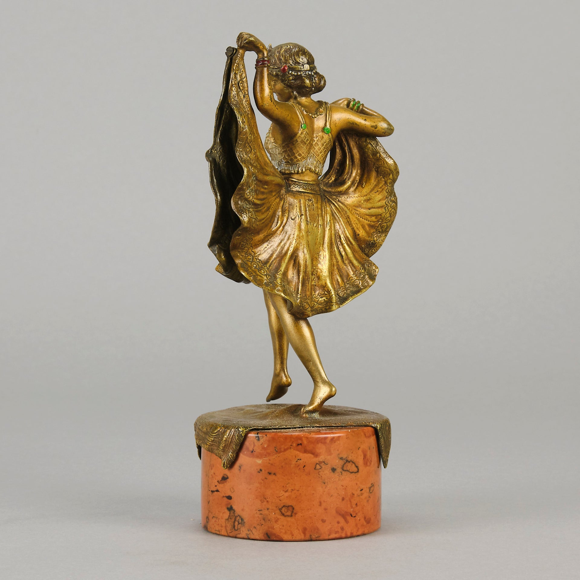 Windy Day by Franz Bergman a sensuous early 20th century erotic Austrian bronze figurine of a young dancer with fine cold painted colour and good detail, the skirt hinged to lift and reveal her naked body