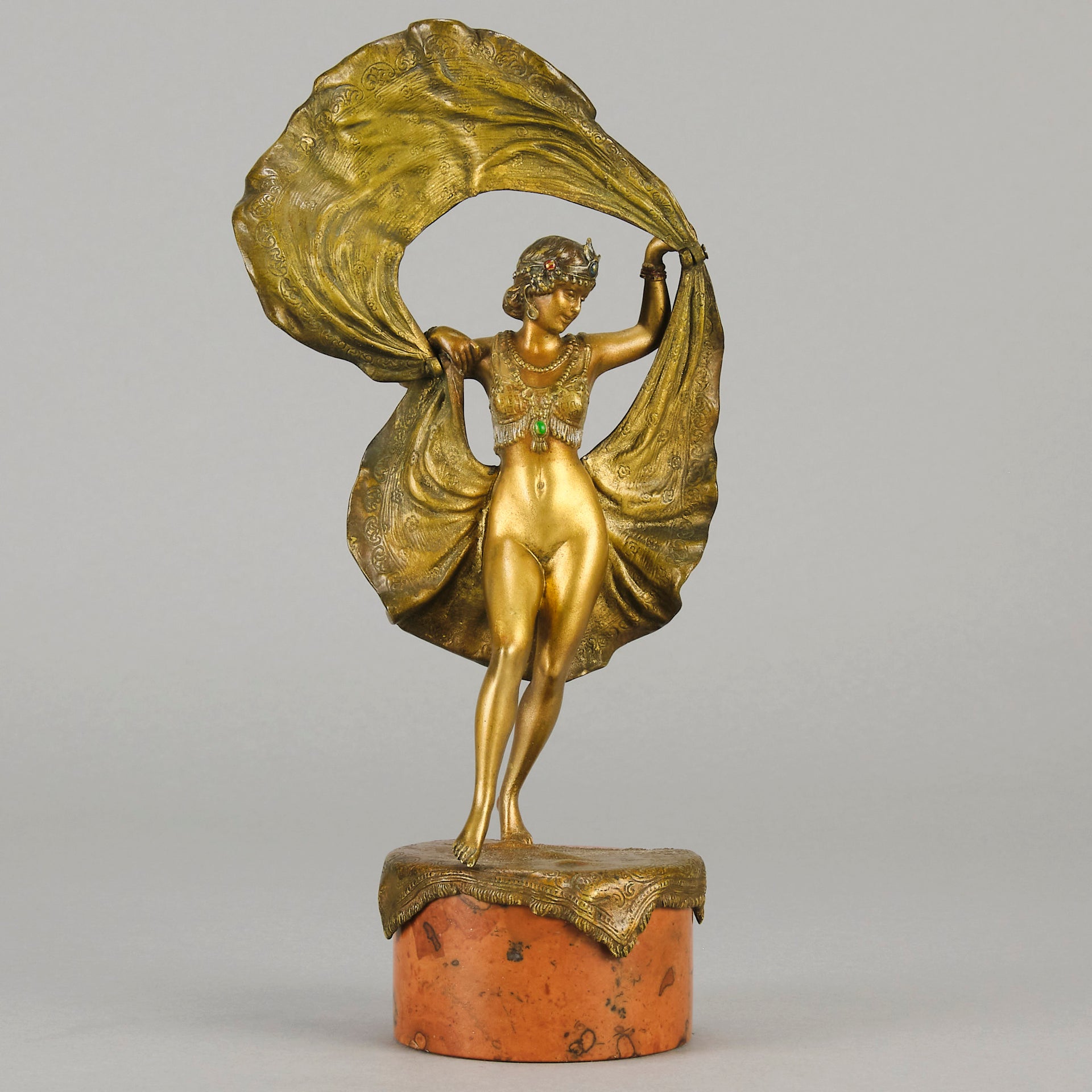 Windy Day by Franz Bergman a sensuous early 20th century erotic Austrian bronze figurine of a young dancer with fine cold painted colour and good detail, the skirt hinged to lift and reveal her naked body