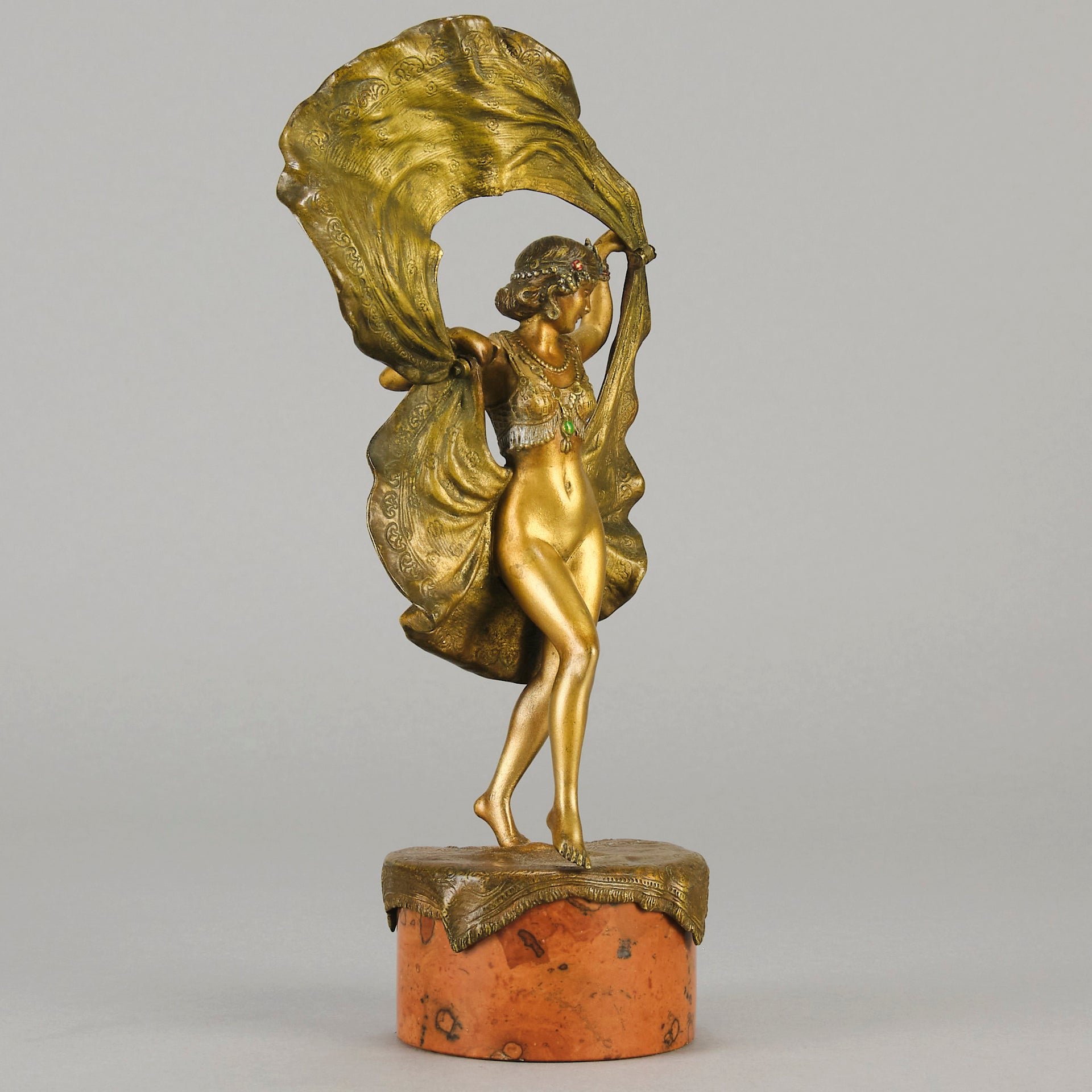 Windy Day by Franz Bergman a sensuous early 20th century erotic Austrian bronze figurine of a young dancer with fine cold painted colour and good detail, the skirt hinged to lift and reveal her naked body
