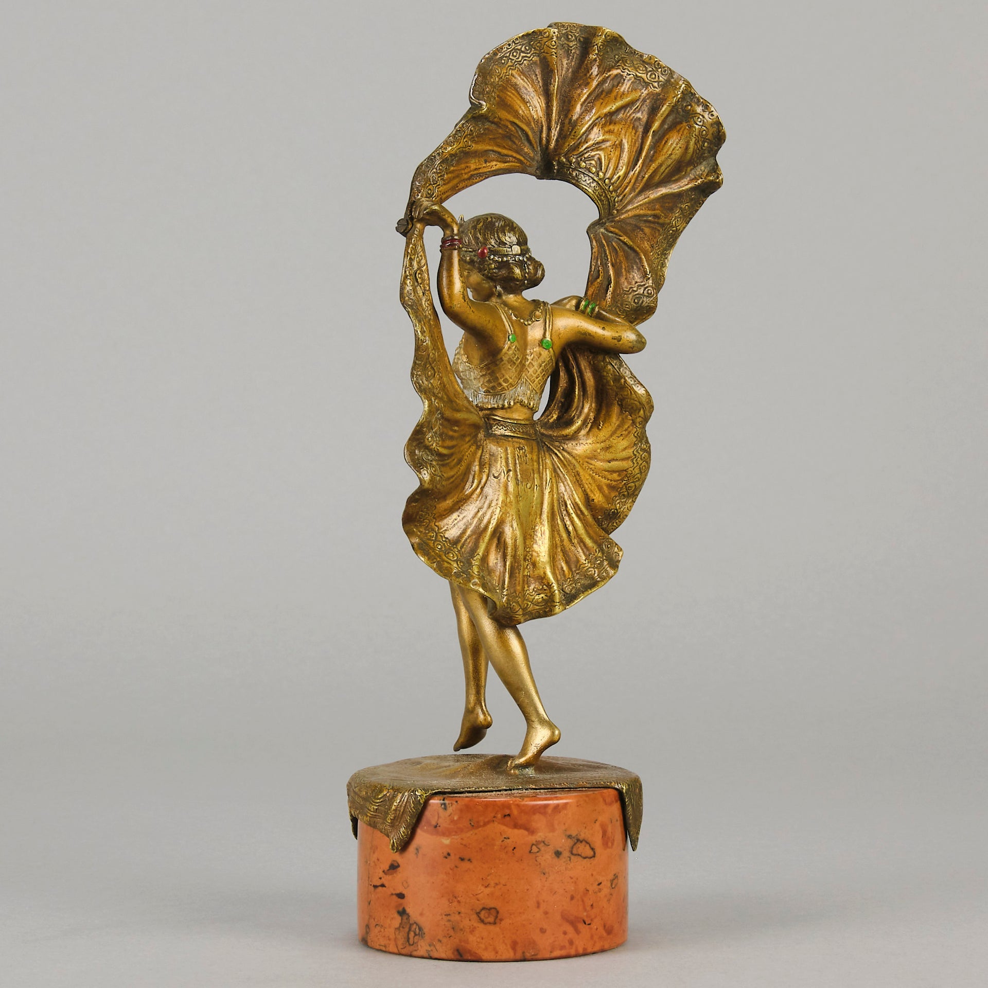 Windy Day by Franz Bergman a sensuous early 20th century erotic Austrian bronze figurine of a young dancer with fine cold painted colour and good detail, the skirt hinged to lift and reveal her naked body