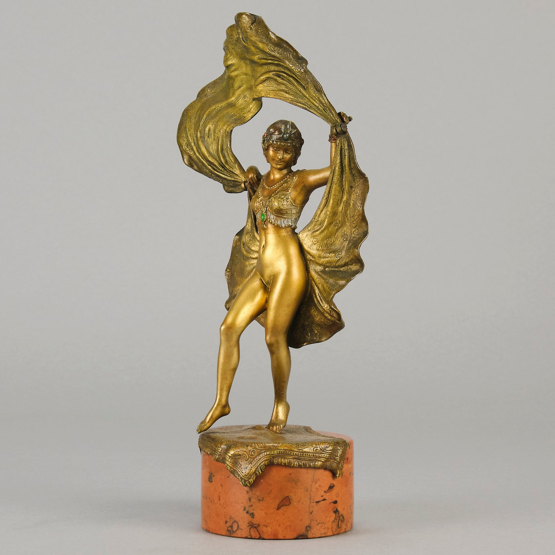 Windy Day by Franz Bergman a sensuous early 20th century erotic Austrian bronze figurine of a young dancer with fine cold painted colour and good detail, the skirt hinged to lift and reveal her naked body