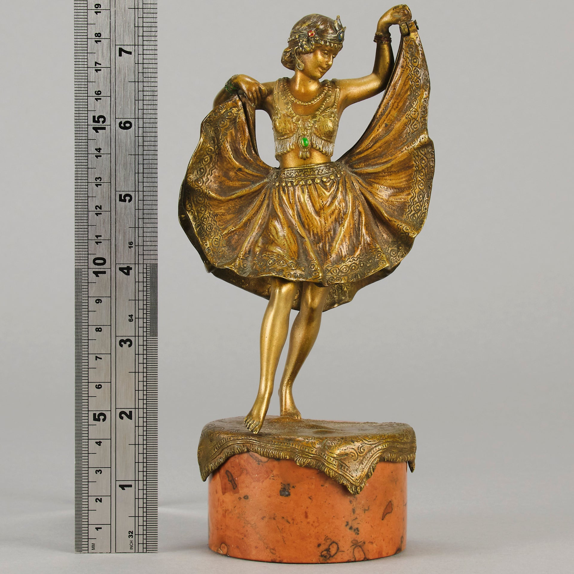 Windy Day by Franz Bergman a sensuous early 20th century erotic Austrian bronze figurine of a young dancer with fine cold painted colour and good detail, the skirt hinged to lift and reveal her naked body