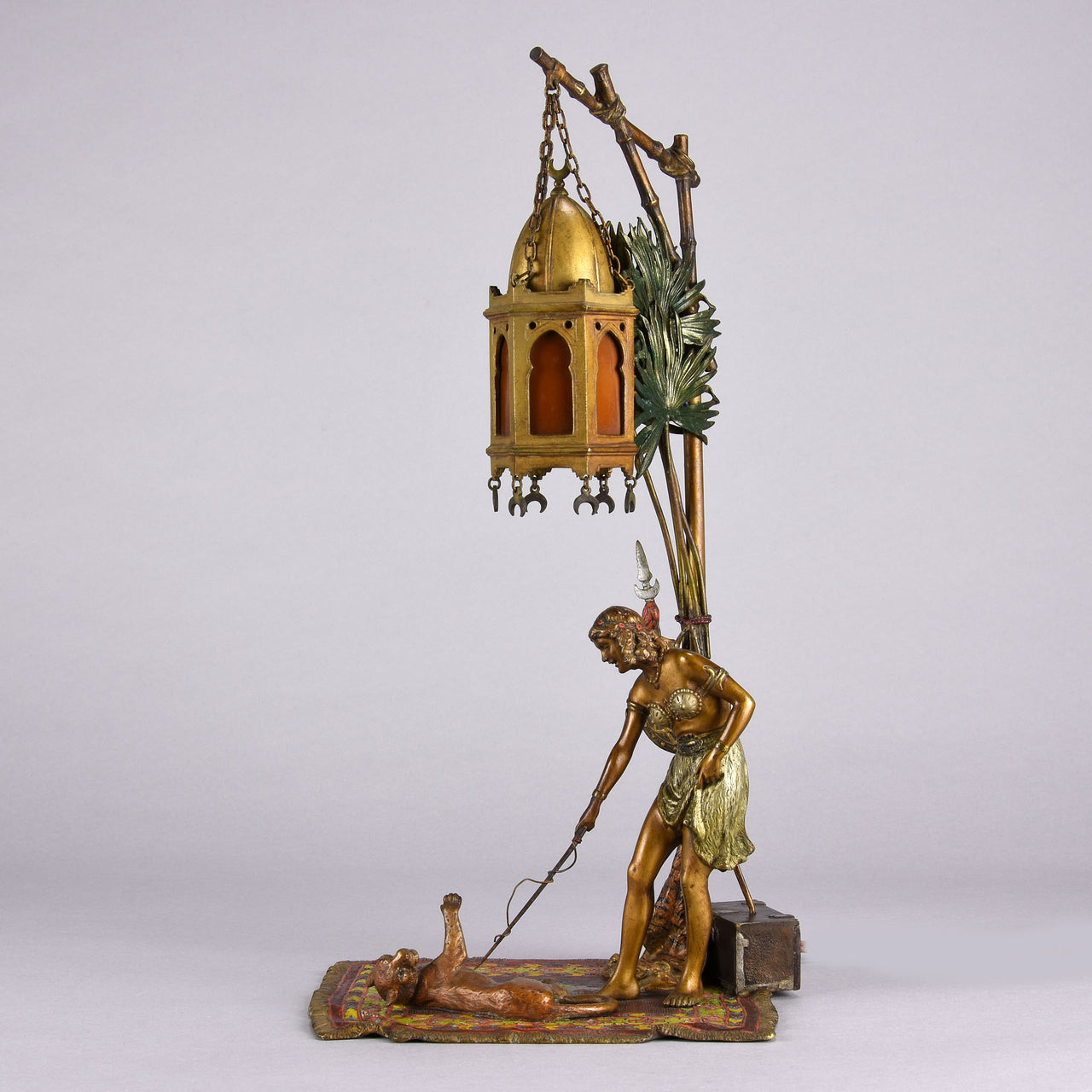 Bergman Bronze - Antique Bronze - bergman cold painted bronze - Bergman Bronze Lamp - Woman with Puma Lamp - Hickmet Fine Arts