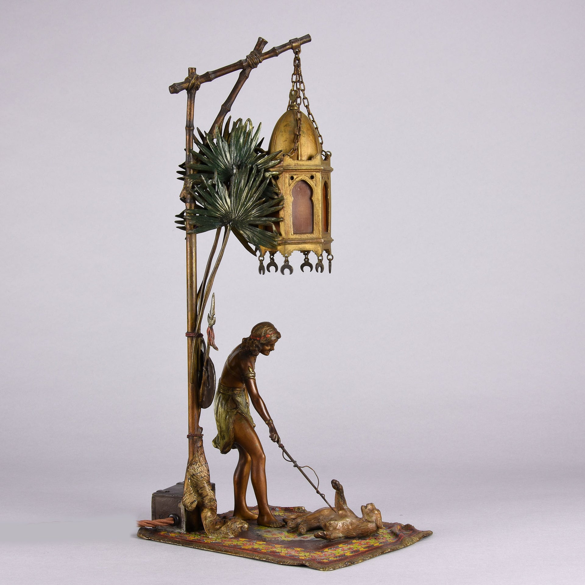 Bergman Bronze - Antique Bronze - bergman cold painted bronze - Bergman Bronze Lamp - Woman with Puma Lamp - Hickmet Fine Arts