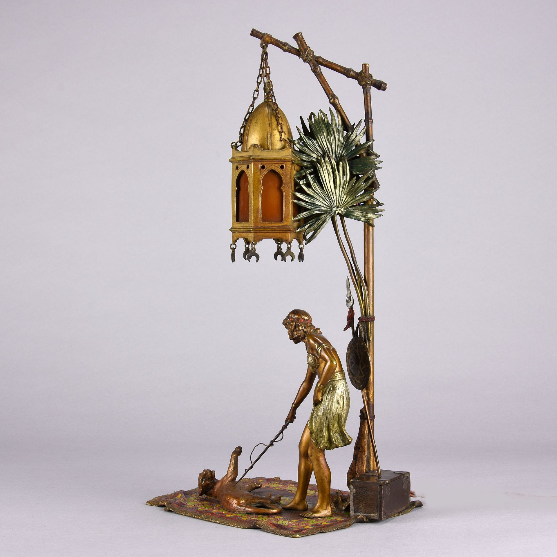 Bergman Bronze - Antique Bronze - bergman cold painted bronze - Bergman Bronze Lamp - Woman with Puma Lamp - Hickmet Fine Arts