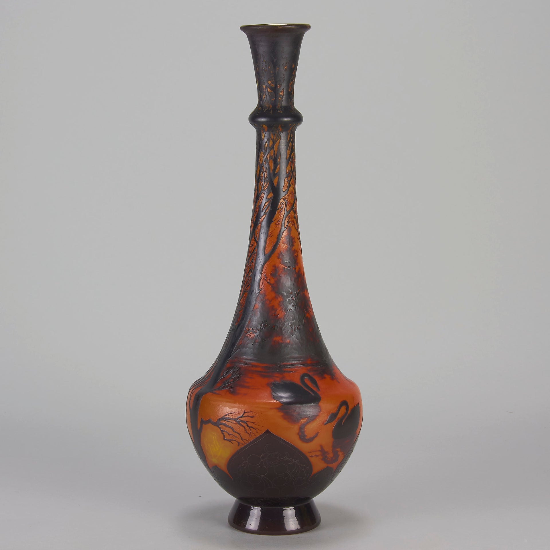 Carved Cameo Swans Vase - Emile Galle Glass - Hickmet Fine Arts