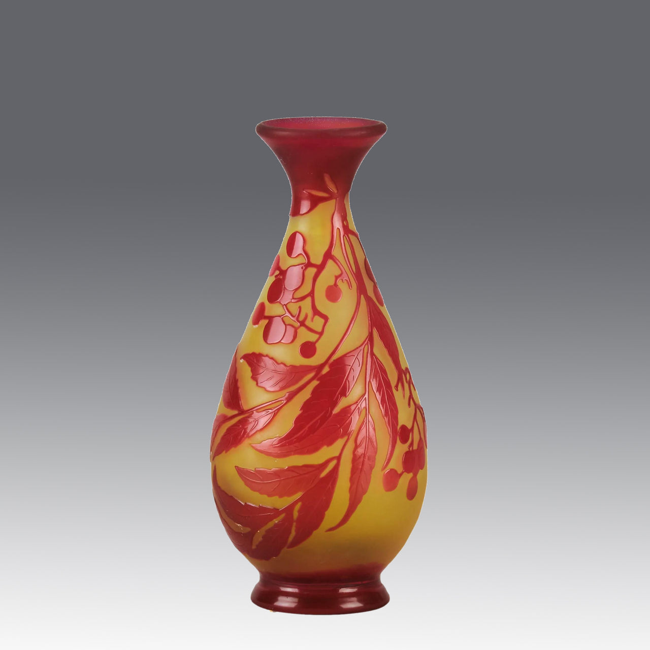 Art Nouveau Glass Vase Red Floral Cabinet Vase by Émile Gallé A beautiful early 20th Century cameo glass vase acid cut and etched with a bright red floral decoration against a warm orange background