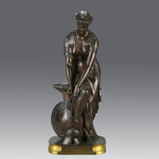 Thetis by Emile Hébert - a French late 19th Century bronze, of a striking female warrior figure known as Thetis the Greek Goddess of War. She is adjusting her shin guards in preparation for her next opponent, whilst sitting on an anvil. Raised on top of a partly gilded base