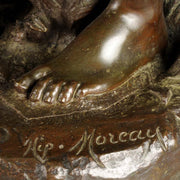 An antique bronze figures Femme avec chat by H Moreau A charming bronze study of a young girl looking down at her feet where her cat is standing exhibiting excellent rich brown patina and very fine hand finished detail