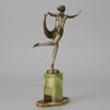 Dancer with Shawl by Josef Lorenzl art deco bronze figurine of a dancer holding an energetic pose wearing nothing but a shawl around her waist. The bronze exhibiting excellent colour and very fine hand chased surface detail, raised on a green onyx base
