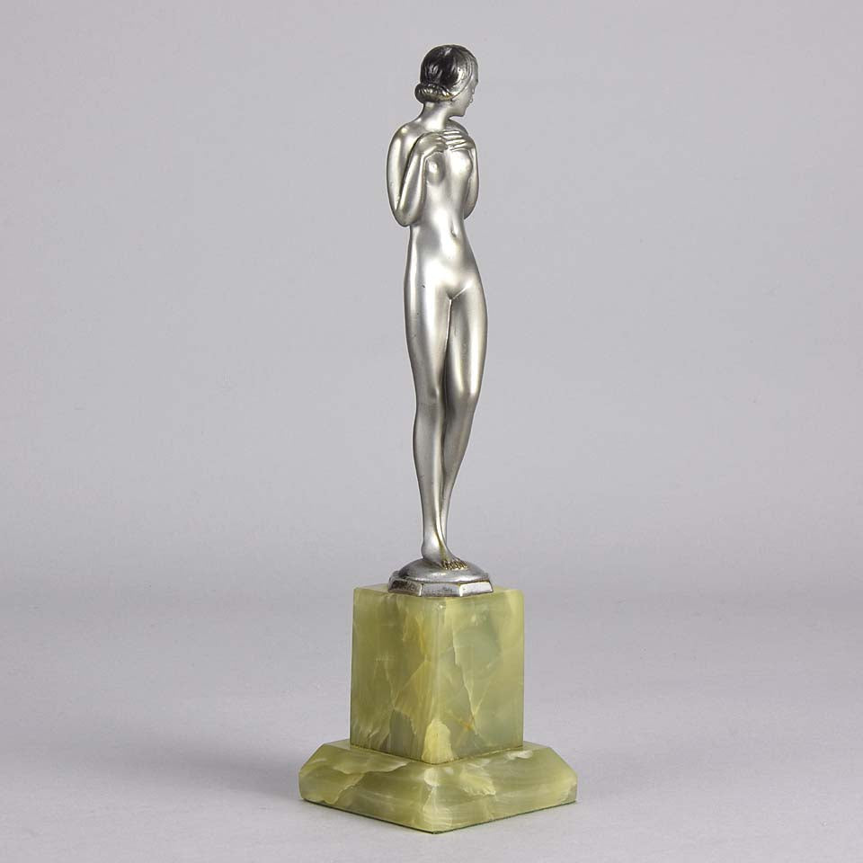 Shy Maiden an Antique Bronze Figure by Josef Adolph depicting a naked beauty in a revealing pose with very fine colour and excellent detail, raised on an onyx base
