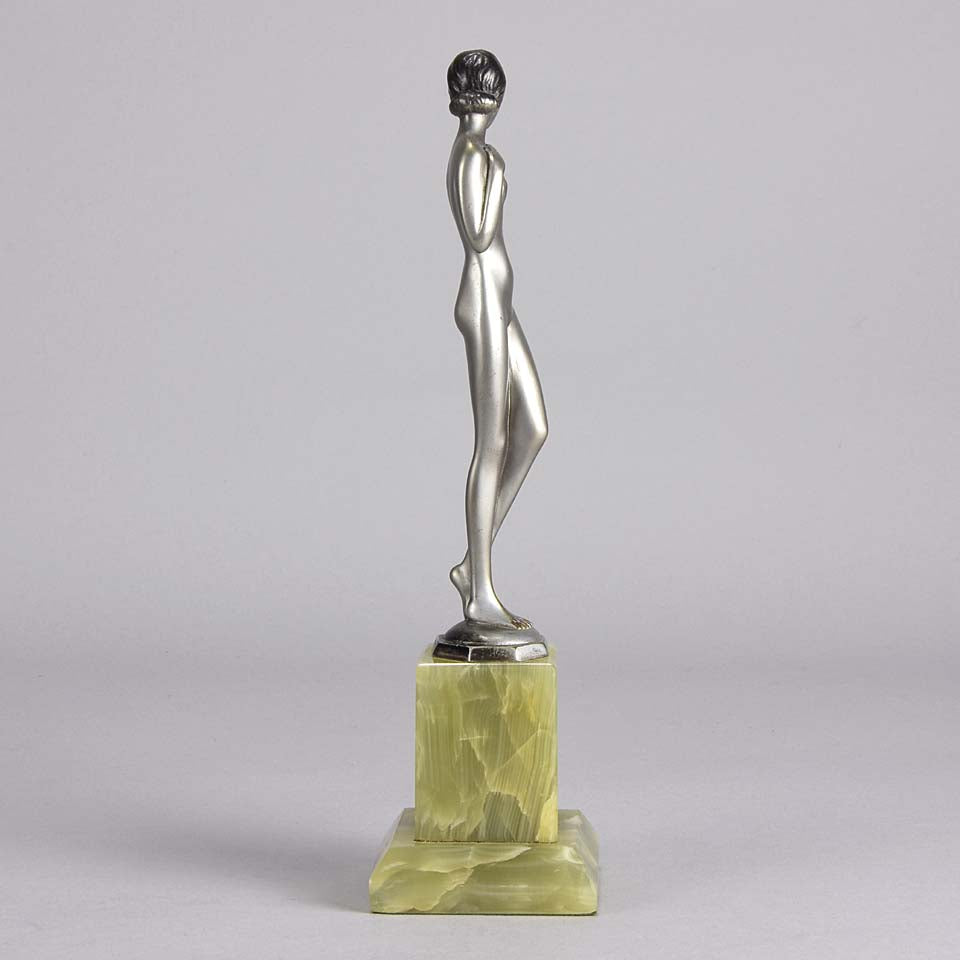Shy Maiden an Antique Bronze Figure by Josef Adolph depicting a naked beauty in a revealing pose with very fine colour and excellent detail, raised on an onyx base