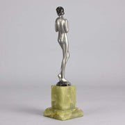 Shy Maiden an Antique Bronze Figure by Josef Adolph depicting a naked beauty in a revealing pose with very fine colour and excellent detail, raised on an onyx base